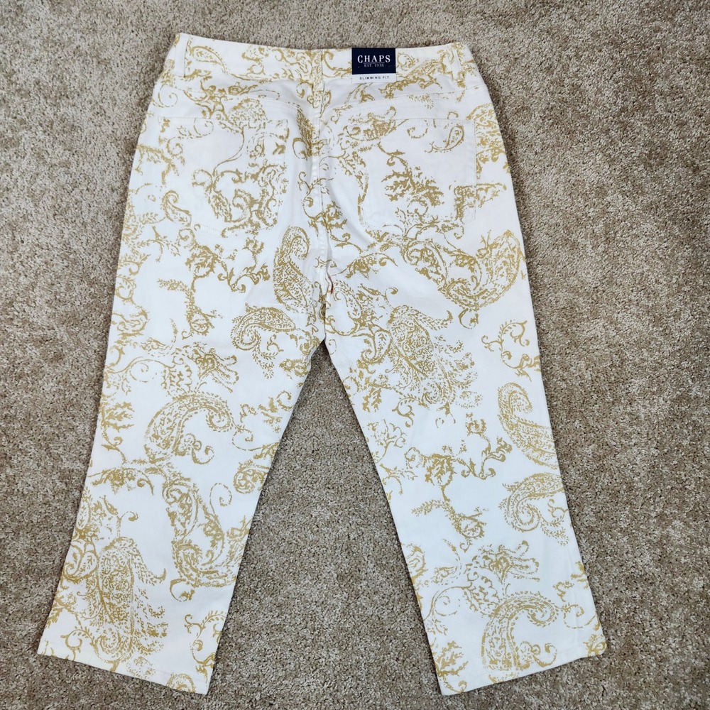 Chaps Slimming Fit Pants Gold Paisley White Stretch Cropped Casual Size 12 - Picture 3 of 7